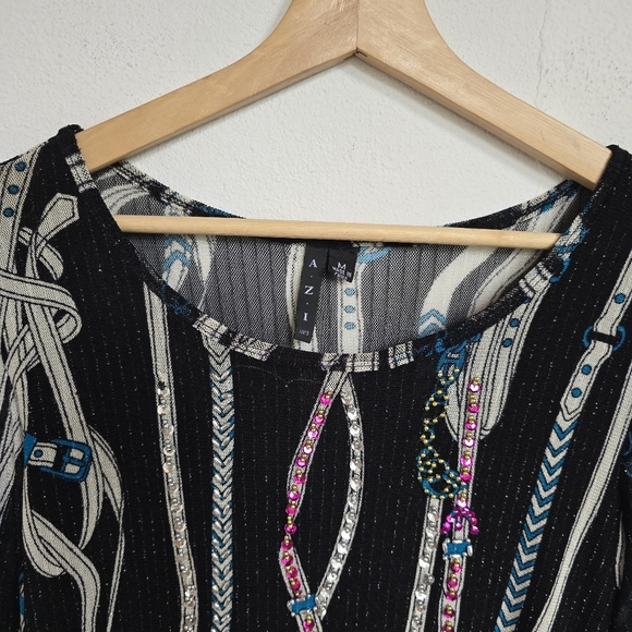 AZI Jeans Sheer Mesh Belt Print Beaded Y2K Top Size M - Picture 6 of 16